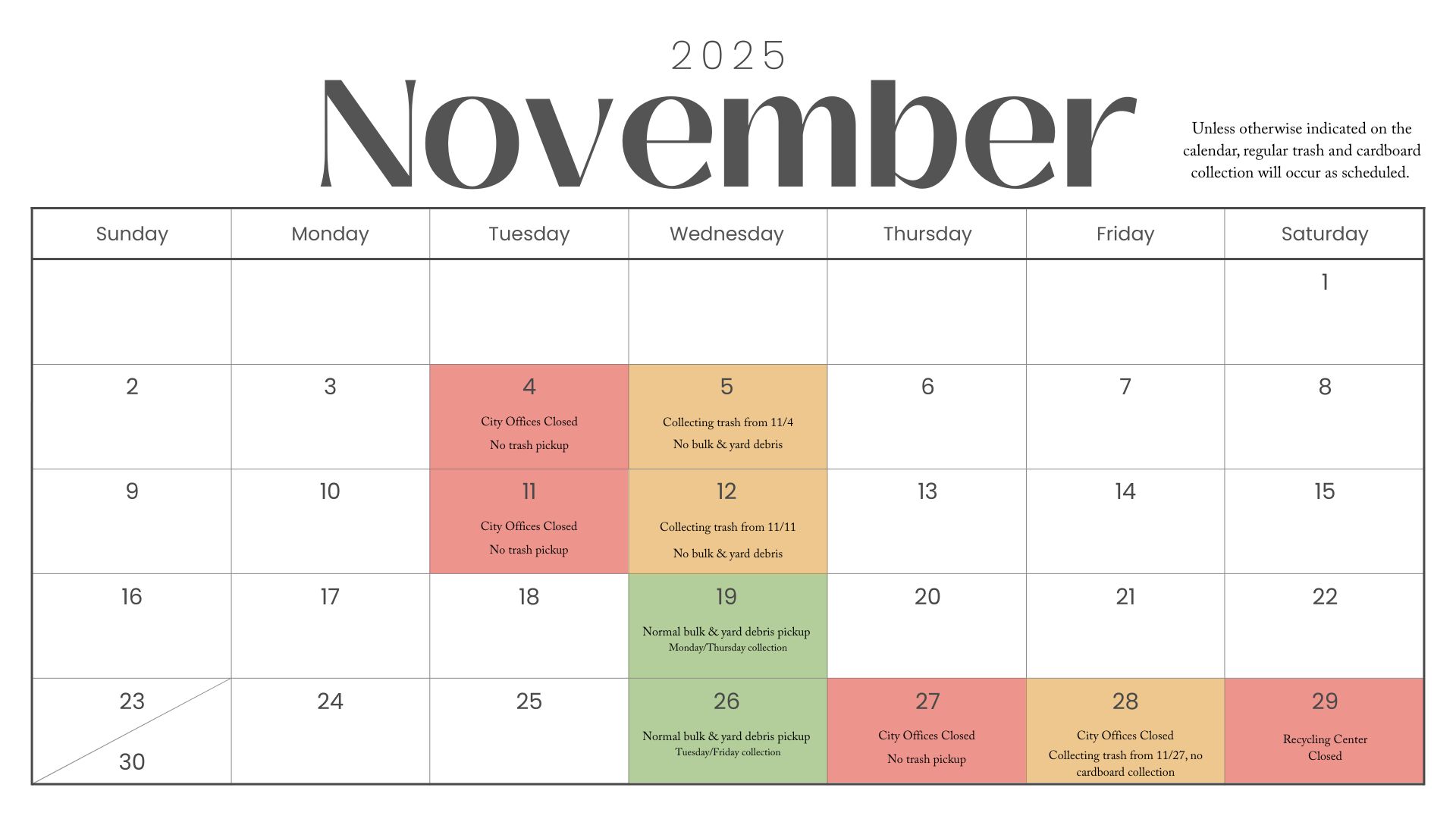 Calendar of trash collection for November 2025
