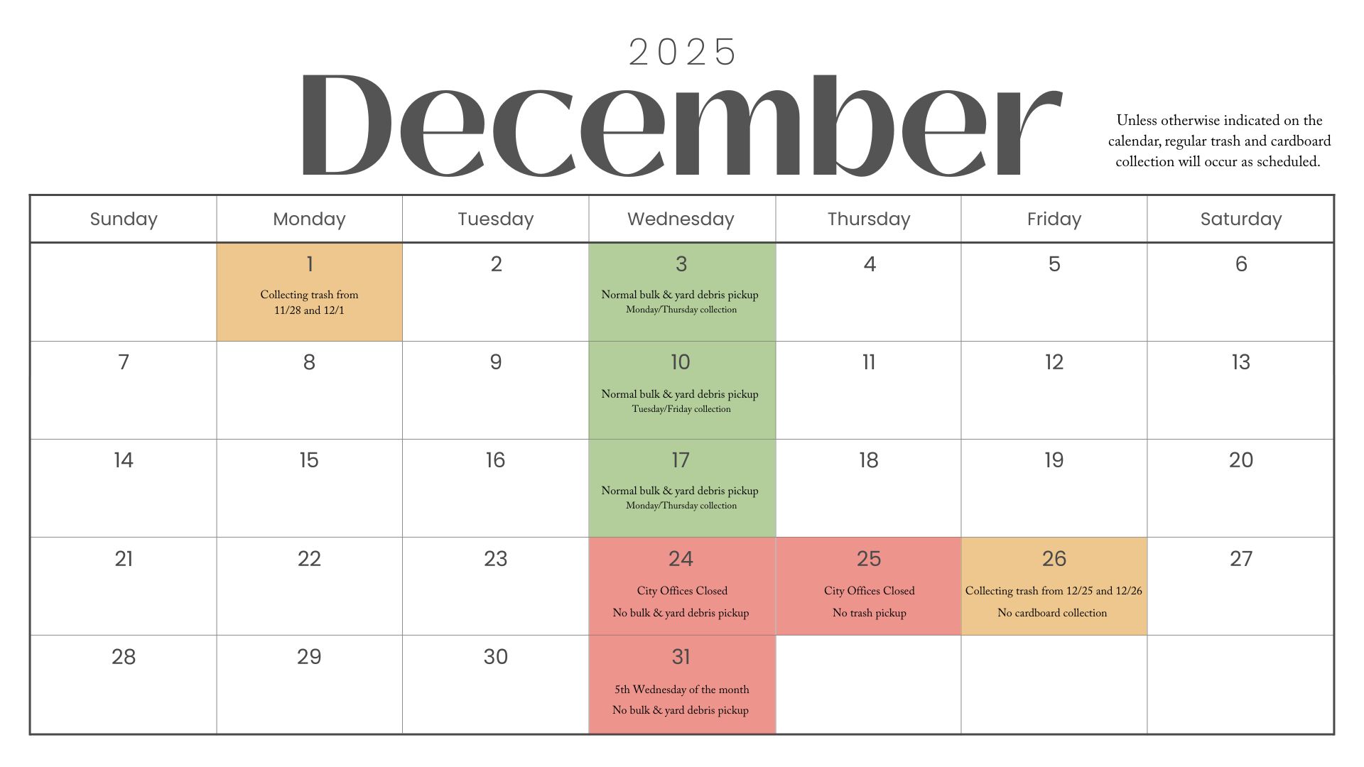 Calendar of trash collection for December 2025