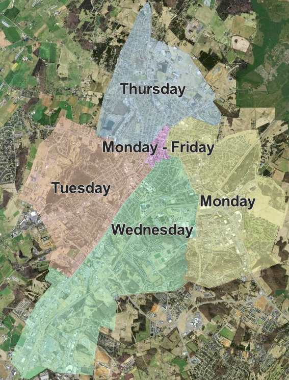 Map of Harrisonburg split into sections labeled for the day of the week of trash collection.
