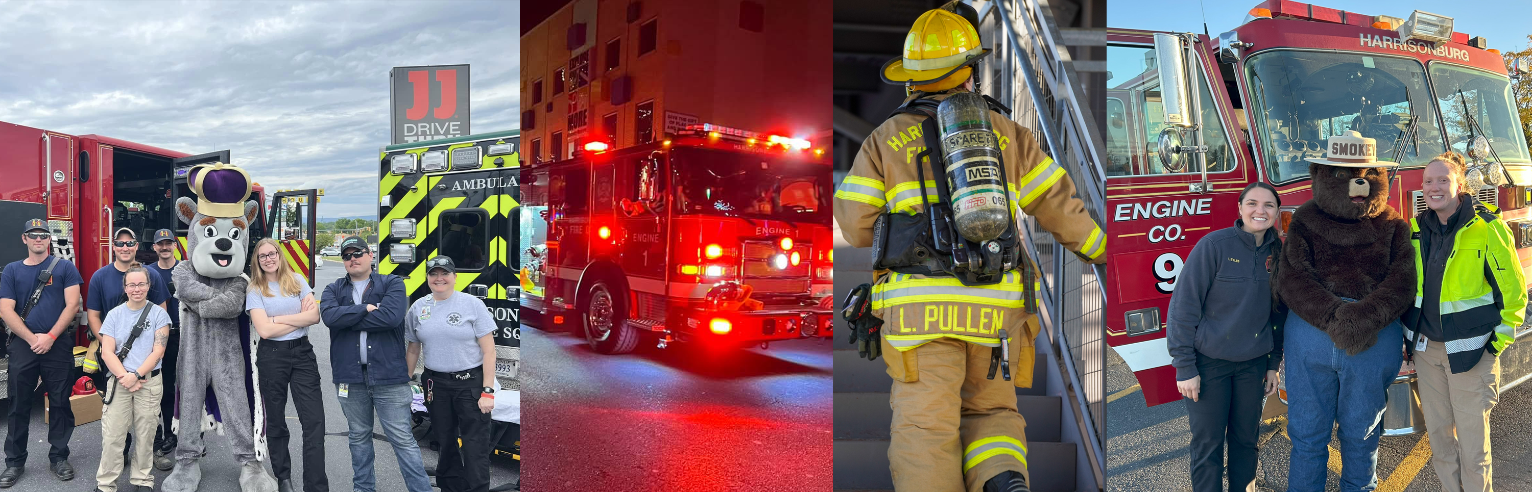 Collage with photo of fire staff with Duke dog, fire truck at night, firefighter on stairs, and staff with Smokey Bear.