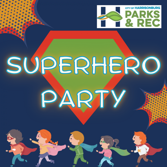 Superhero Party image with cartoon children in capes