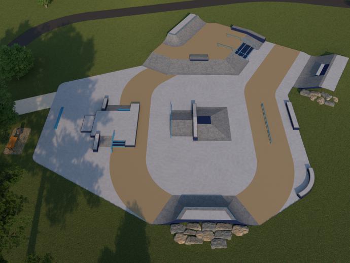 rendered image of future skate park includes multiple quarterpipes, ledges, A Frames, handrails and more, set around a concrete pad with extra space for beginners to safely warm up or more experienced users to practice tricks