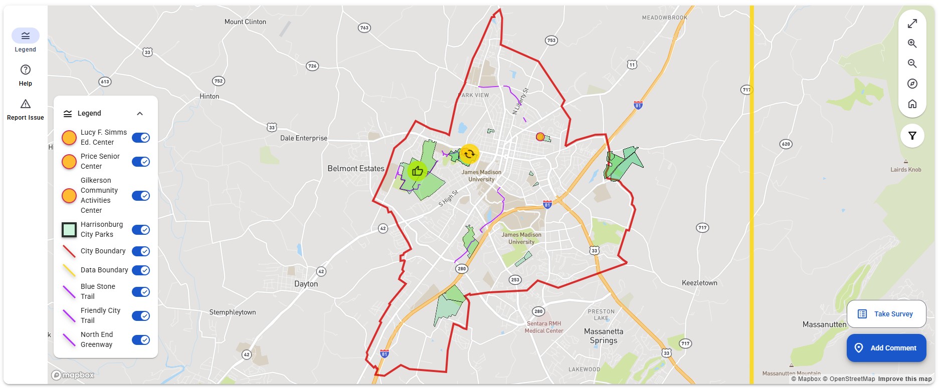 A image of the public engagement website for the Parks & Rec master plan, where community members can take a survey and provide their input for consideration.