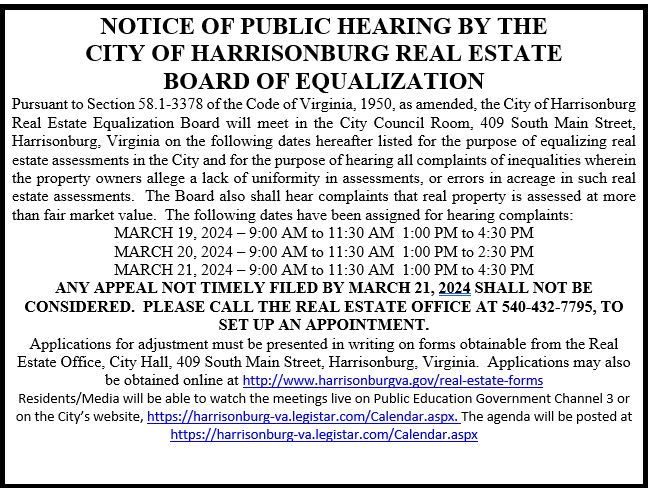 Notice with text about Board of Equalization Hearings