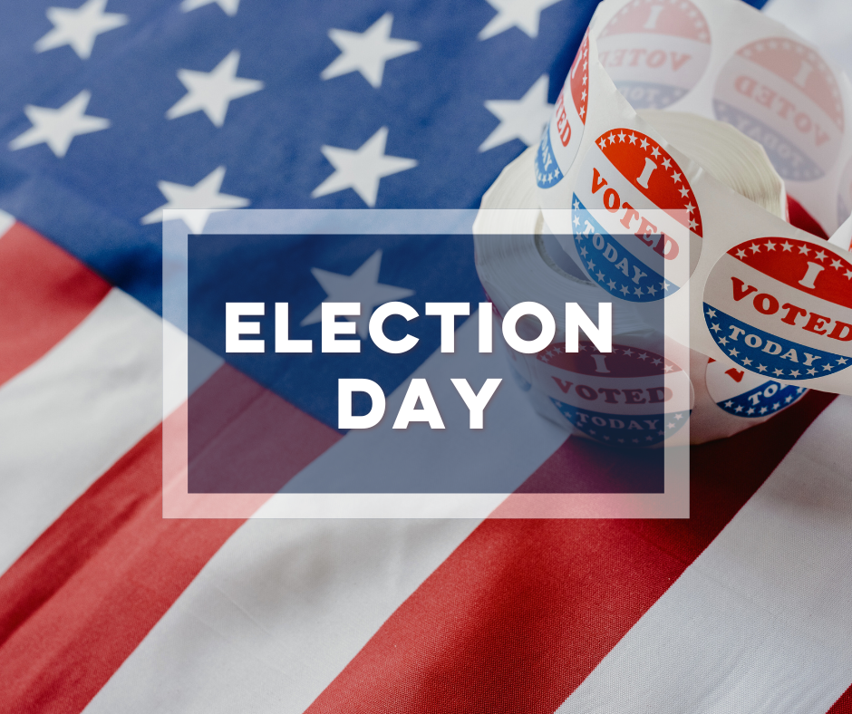Bold text Election Day over a United States of America flag with I Voted Today stickers