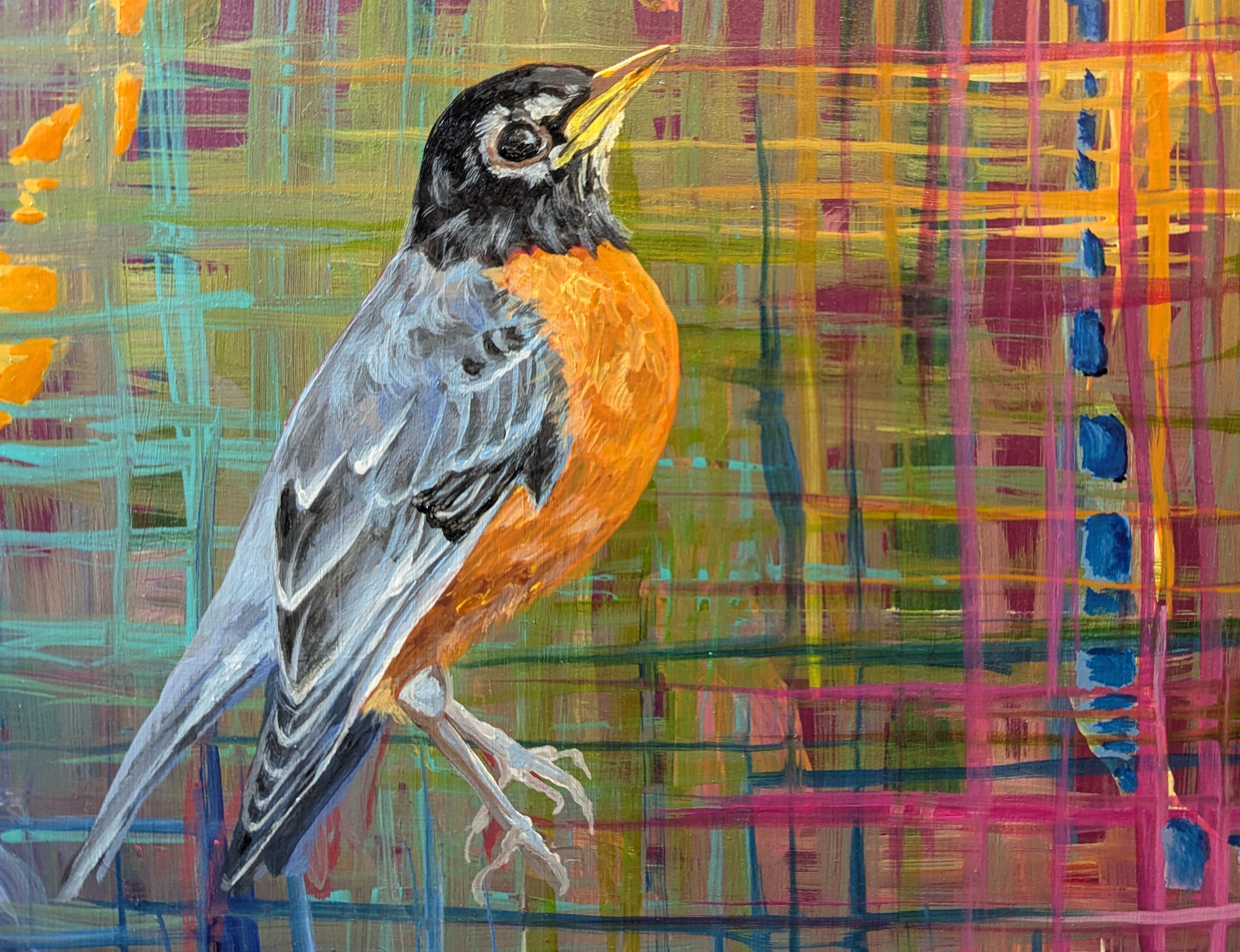 Painting of a robin on a colorful background.
