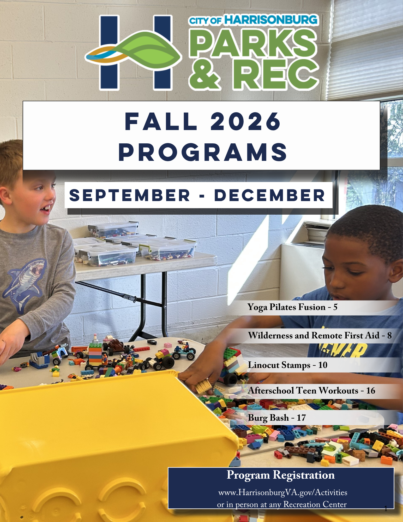 Text reads "Fall 2026 Programs September-December" with children playing with Legos.