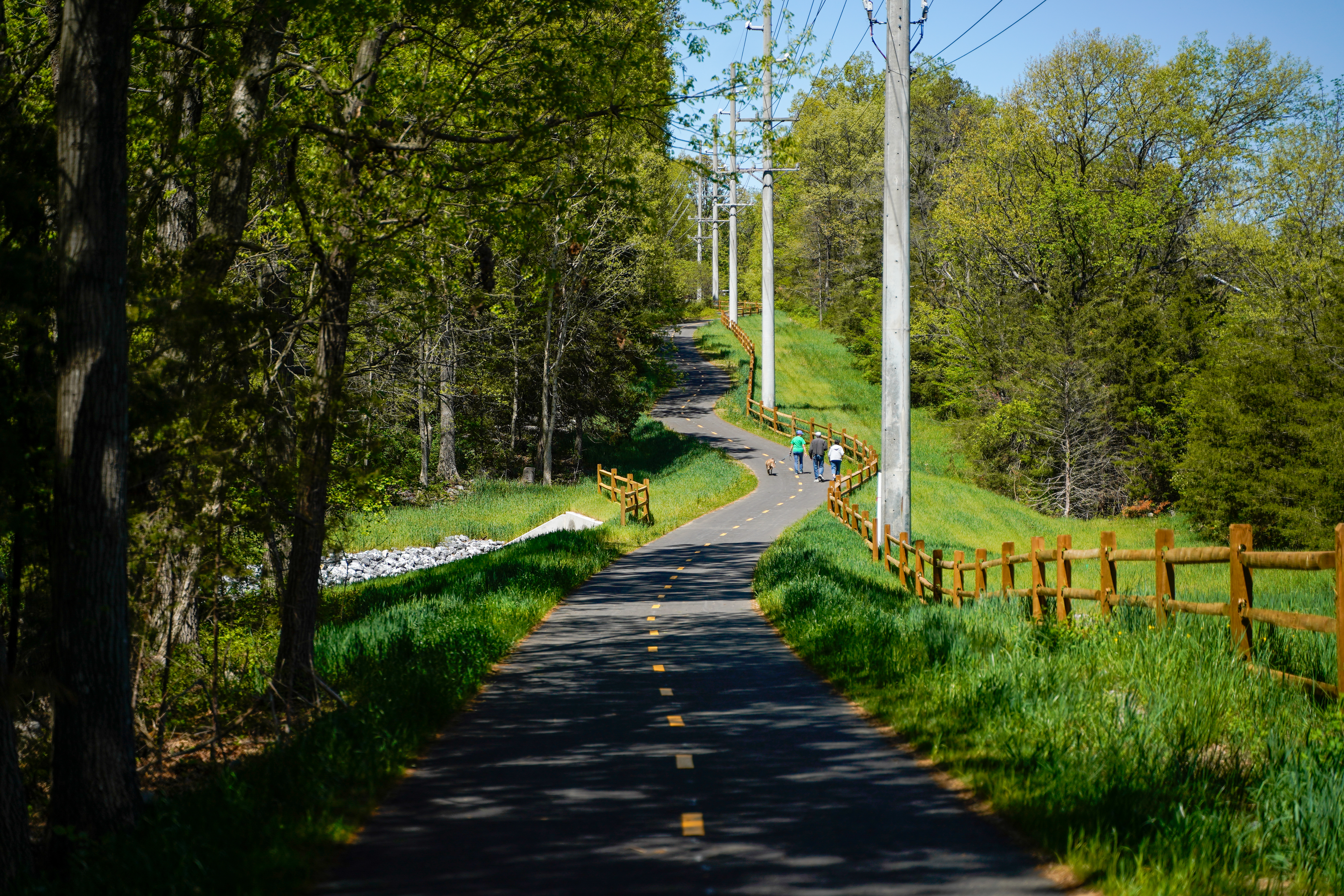photo of three people and a dog walking on the paved trail. There is a split rail fence and telephone poles on the right side of the trail and trees on the left side.