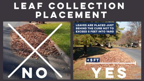Leaf Collection Placement with example on the left of not placing leaves in street and on the right of placing them behind curb.